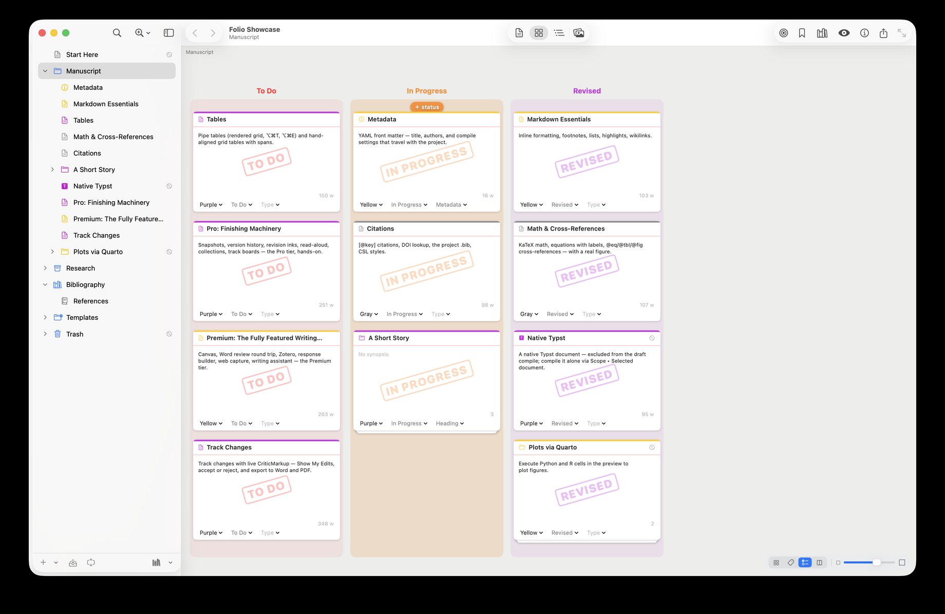 The corkboard arranged by status: To Do, In Progress, and Revised columns of index cards.
