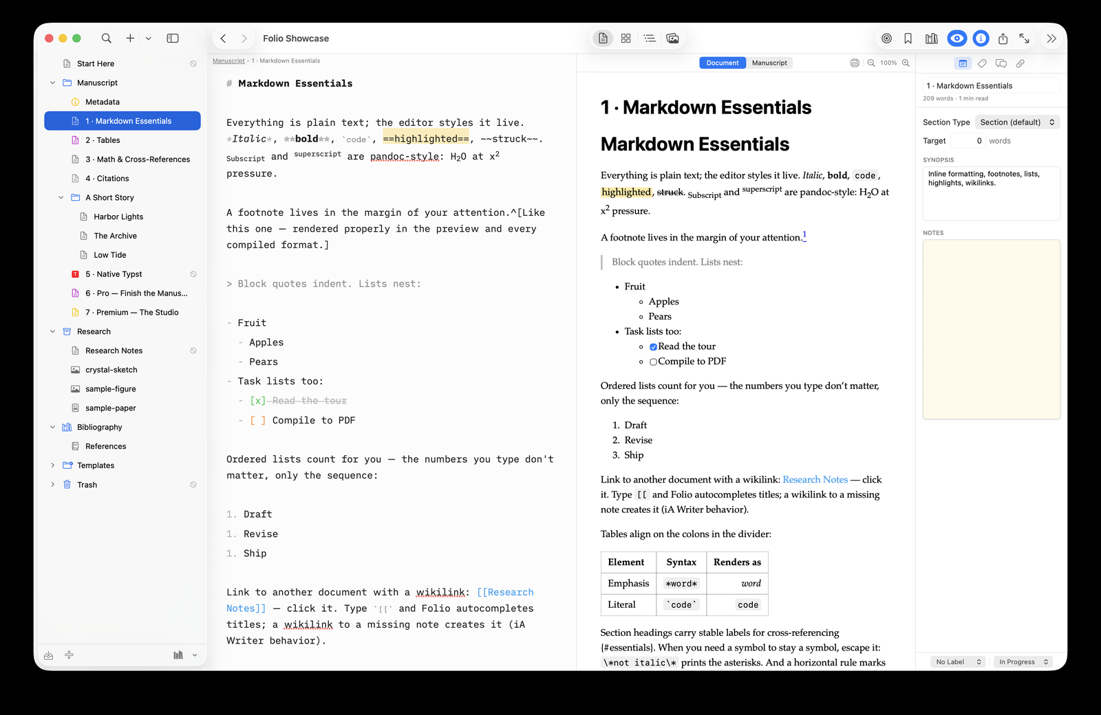 Folio Writer: the Markdown editor beside a live typeset preview